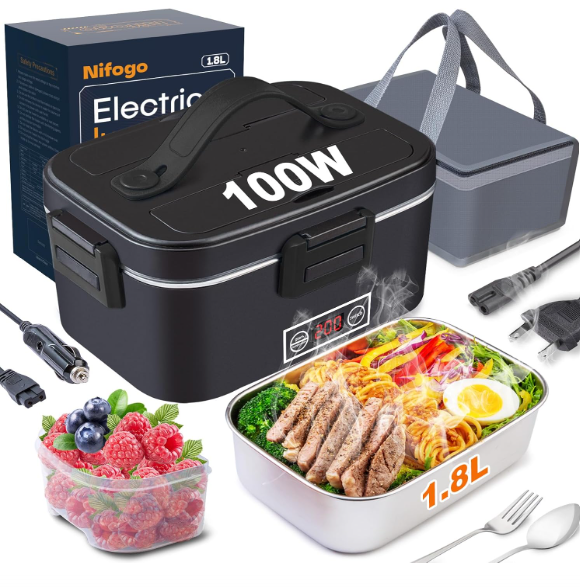 Nifogo Electric Lunch Box for Adults 100W with Temperature Display Heated Lunch Box Food Warmer LunchBox 1.8L Stainless Steel Container&Bag 12V/24V/110V for Car/Truck/Work(Black)