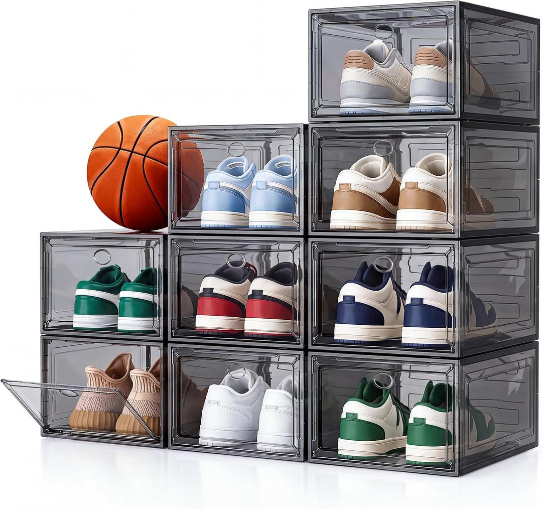 Sturdy Stackable Shoe Box, 9 Pack, Clear Shoe Organizer with Magnetic Door, 13.5"L x 10.5"W x 7.2"H