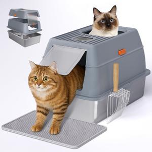 Stainless Steel Litter Box with Lid, 6 Deep Pan, Extra Large Litter Box for Big Cats, Anti-Leakage, Odor Free, Front & Top Dual Entry, Includes Litter Mat & Metal Scoop (Grey)