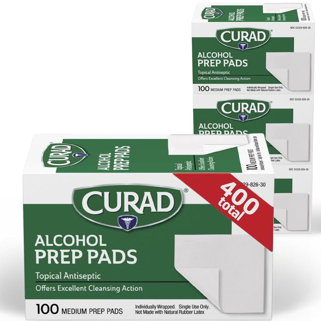 CURAD Prep Pads (Pack of 4 Boxes) | 400 Pieces of Medium Isopropyl Wipes Individually Wrapped | First Aid Swabs for Cuts & Scrapes | Medical Pads for General Cleansing