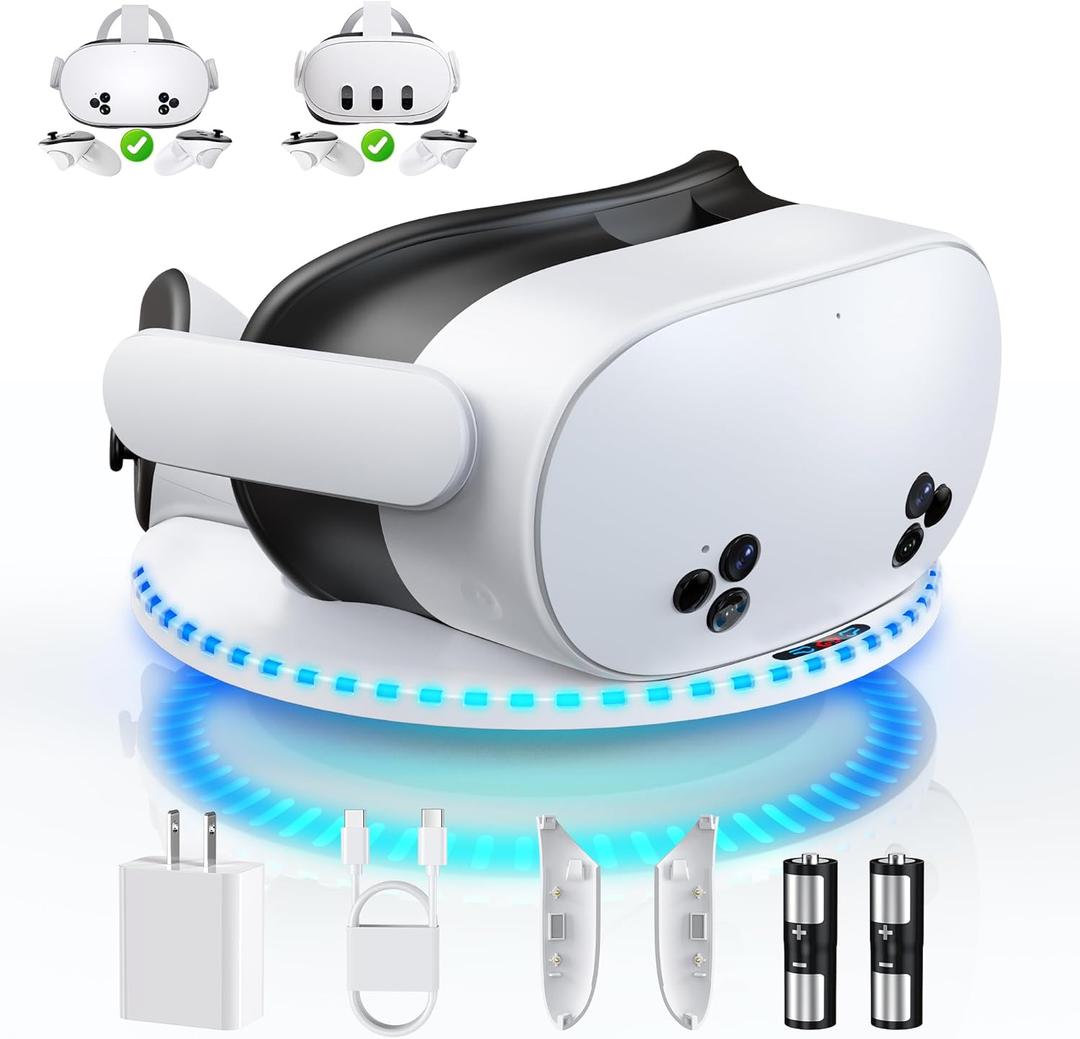 Kinwin 30W Fast Charging Dock for Meta Quest 3S/3/2, Magnetic Charger Station Stand for Oculus Quest 3S/3 Accessories with 11-Color RGB Light, 2 Rechargeable Batteries & Covers (Round/White)