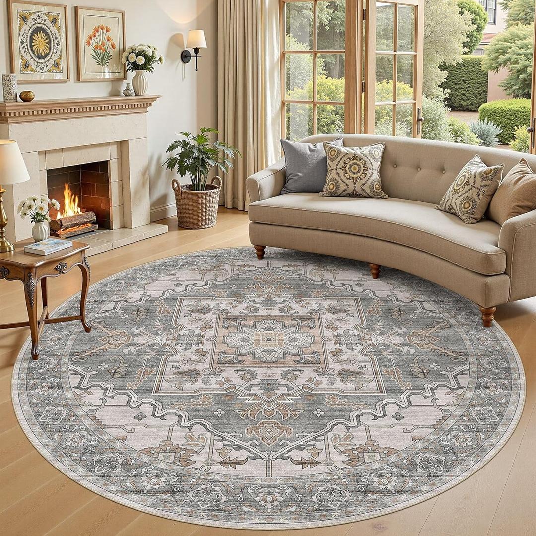 8ft Round Rug for Living Room: 8x8 Washable Vintage Gray Brown Area Rug, Large Non Slip Soft Stain Resistant Indoor Floor Carpet for Bedroom Dining Decor Home Office Kid & Pet Friendly