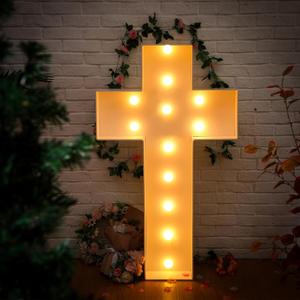 Maxcheck 4FT Easter Cross Decor, Light Up Jesus Cross Sign Decor Standing DIY Large Marquee with Bulb Light String Foam for Easter Christian Religious Yard Garden Lawn Party