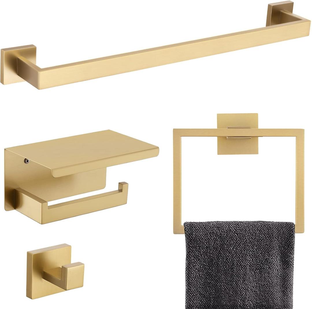 Brushed Gold Bathroom Towel Bar Holder Sets Premium Stainless Steel 4-Piece Bathroom Hardware Set Wall Mounted Bathroom Toilet Paper Holder with Shelf Set.
