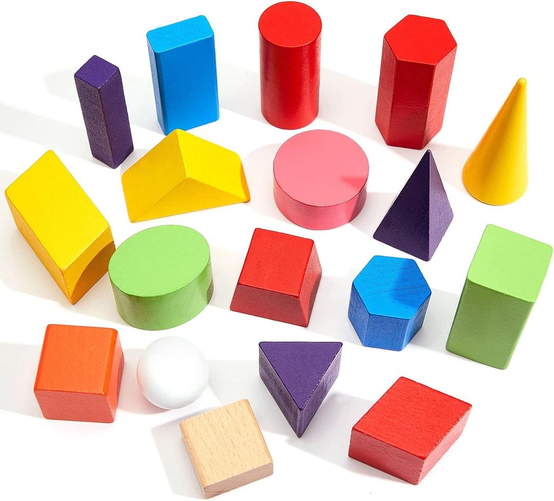 18 Pcs 3D Shapes Geometric Solids Wooden Large Size Colorful Geometric Shapes Blocks Set Montessori Learning Toys Multicolored Pattern Blocks Solid for Preschool Elementary Home School Supplies