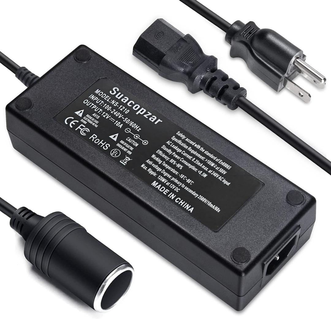 10ft AC to DC Converter 110V to 12V 10A 120W Power Supply Car Cigarette Lighter Adapter to Wall Plug, 3 Pin Socket AC to DC Cigarette Lighter Adapter for Air Compressor Car Refrigerator