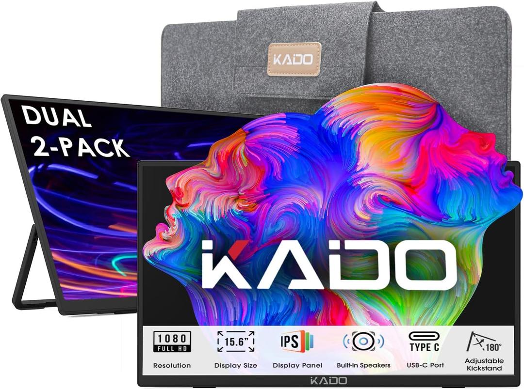Kado Dual Portable Monitor Setup - 2-Pack 15.6-inch FHD Portable Monitor for Laptop, 1920x1080 IPS mini-HDMI USB Type-C Laptop Screen Extender Built-in Speakers, Stacked Desk Setup for Office Gaming