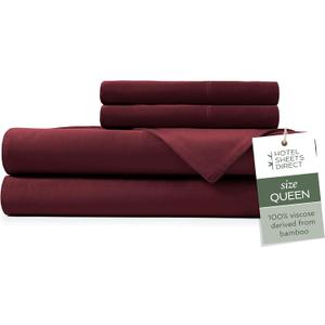 Hotel Sheets Direct 4 Piece Bed Sheet Set Queen Size, 100% Viscose Derived from Bamboo Sheets Set with 2 Pillowcases, Cooling & Breathable Luxury Bedding, Moisture-Wicking & Silky Soft, Burgundy