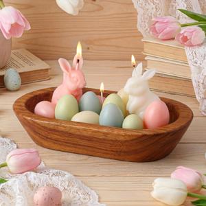 Siifert Easter Bunny Egg Wooden Dough Bowl Candle Pastel Rabbit Candle 3 Wicks Scented with 100% Soy Wax, Holiday Decorations, Cute Room Decor