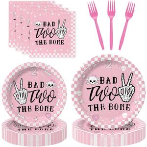 80Pcs Bad Two the Bone party Decorations Party Supplies Skeleton Themed Tableware Set Plates Napkins 20 Guests