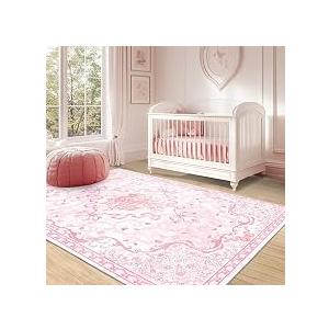 Pink Bow Rug for Bedroom Girls,8x10 Nursery Rugs for Living Room with Soft Low Pile, Cute Vintage Non Slip Washable Rug for Nursery Kids Playroom Dining Room College Dorm Girl