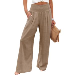 Angerella Womens Elastic High Waisted Palazzo Pants Casual Wide Leg Long Lounge Pant Trousers with Pocket (Large, #1 Darkkhaki)