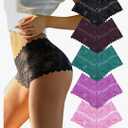 FINETOO Sexy Underwear for Women V-Waist Shorts Women' s Underwear Lightweight Soft Lace High Waist Panties 5 Pack M