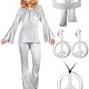 Haysandy 70s Women Disco Costume Set Disco Outfit Shinning Sparkly Dress Jumpsuit for Carnival Halloween Size XL