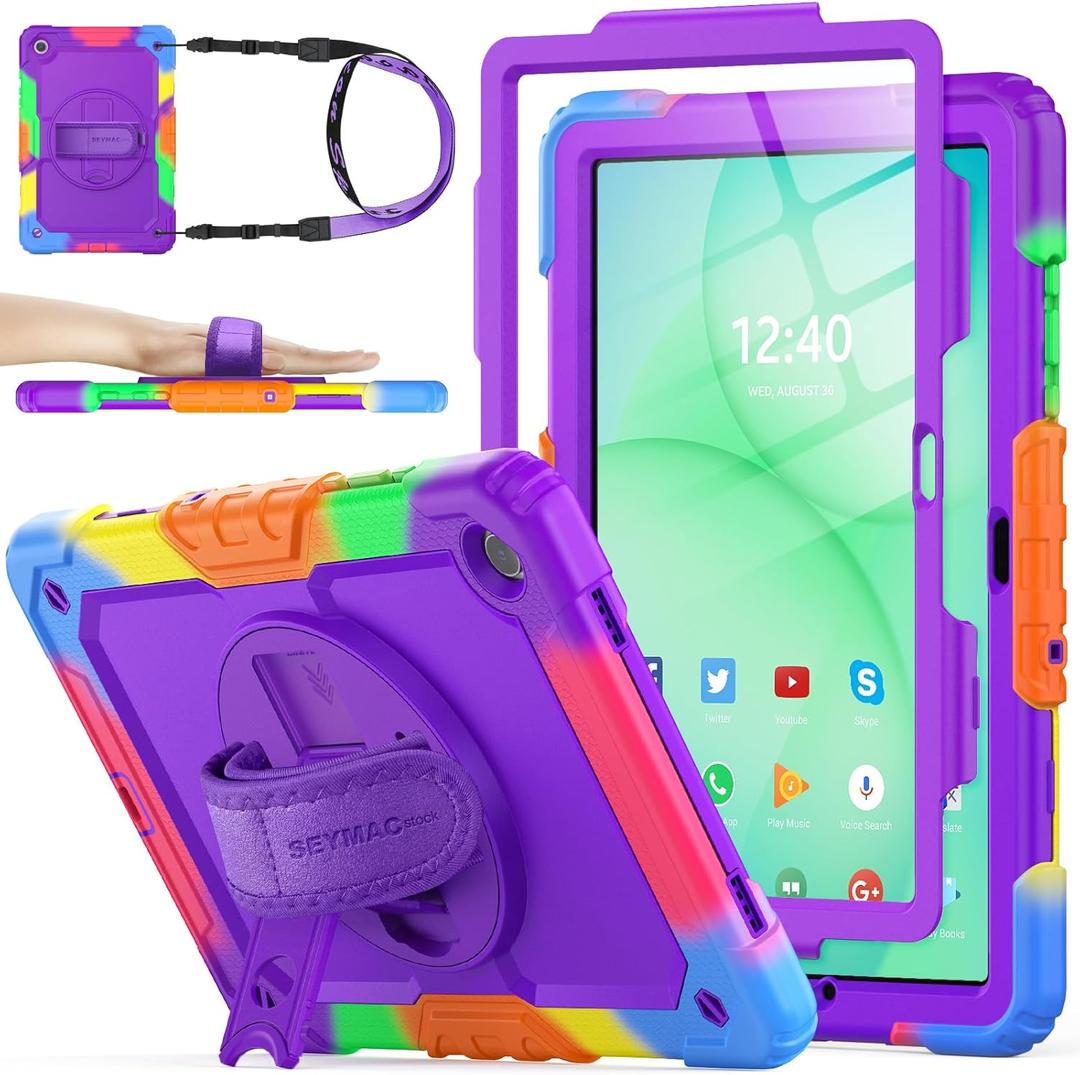 SEYMAC stock Case for Samsung Galaxy Tab A11+ Plus/A9+ Plus 11'', Full-Body Drop Protection Case with Screen Protector Pencil Holder [360 Rotating Hand Strap] &Stand, Purple+Colorful