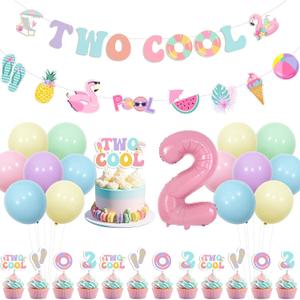Two Cool Pool Birthday Party Decorations Kit for Girls 2nd Birthday, Macaron Color Banner Garland Cake Topper with Pink Foil Balloon, Summer Swimming Beach Theme Party Supplies