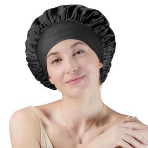 100% Mulberry Silk Bonnet for Sleeping, Double Layer Mulberry Silk with Elastic Band for Curly Long Hair, Black