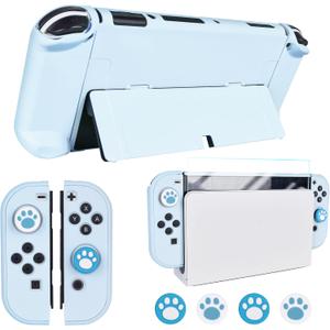 DLseego Protective Case Design for Nintendo Switch OLED Joy-Con Controllers New Model 2021 with Glass Screen Protector and 4 Cute Thumb Grip Caps, Anti-Scratch Baby Skin Touch Grip Cover  Blue