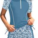 BAVADER Girls Rash Guard Swimsuit 2 Piece Short Sleeve Half Zip Bathing Suit Drawstrings UPF 50+ Swimwear Set with Boy Shorts