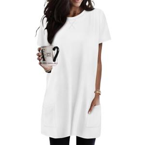 KISSMODA Womens Summer Tunic Tops for Leggings Casual Short Sleeve Long Shirts with Pockets (Small)