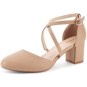 Greatonu Women's Low Block Heeled Dress Pumps Closed Round Toe Cross Strap Wedding Bridal Party Office Shoes 2.5 Inch, Size 9