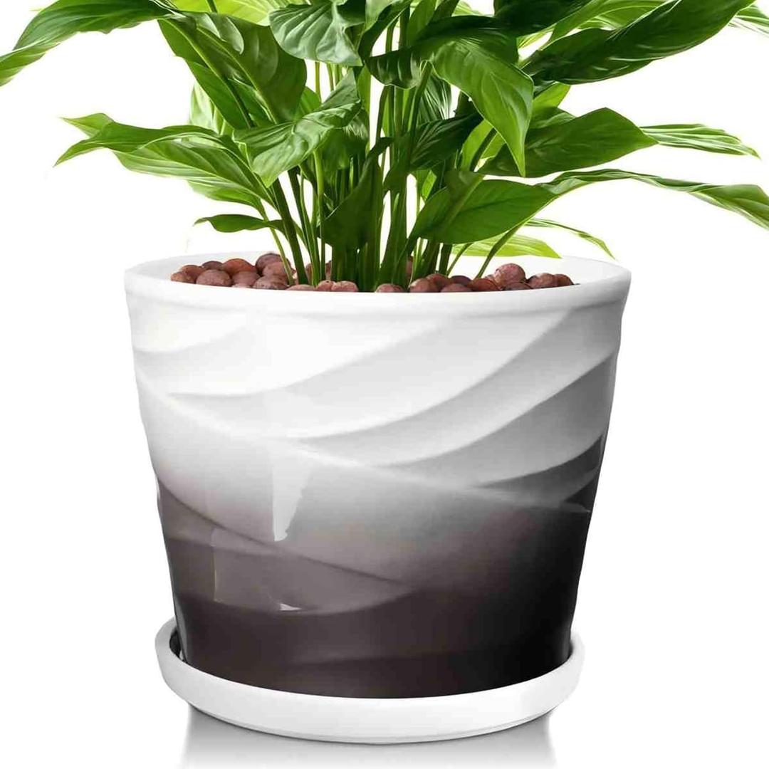 8 Inch Plant Pot,Ceramic Planter with Drainage and Saucer,Ceramic Pots for Plants,Indoor Plant pots,Ceramic Flower pots(Dark Gray+White)