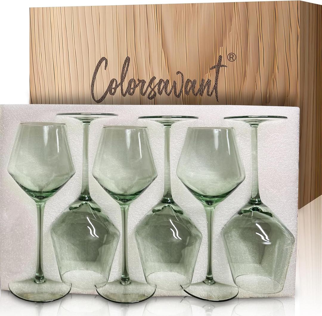 Sage Green Wine Glasses Set 6-16oz, Long Stem - Hand Blown Pale Sage Green Stemware for Wedding Deco