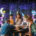2 Pcs Galaxy Foil Curtains Backdrop for Space Themed Party Decorations, Iridescent Tinsel Curtains Blue Streamers for Space Astronaut, Music Birthday Party Decorations