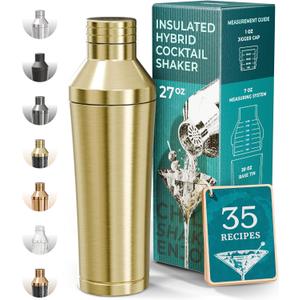 Insulated Cocktail Shaker Set | Double Wall Stainless Steel | Martini Shaker for Home Bar Bartending | Built-in Drink Measurement System & Strainer, Travel Bag, 35 Recipes | Gift Set (Gold)