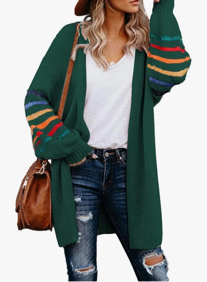 Dokotoo Women's Long Open Front Cardigans Striped Color Block Loose Knit Sweaters Outwear Coat, S, Green 