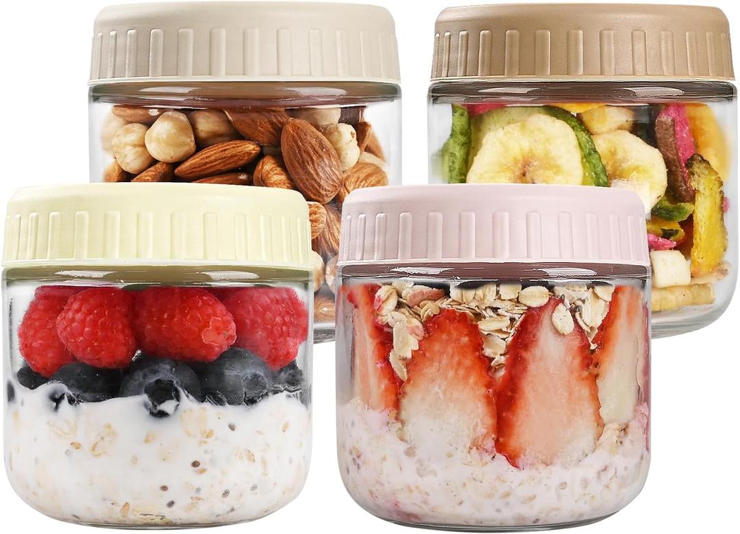 SHOWIN Overnight Oats Containers with Lids, 10oz Glass Jars with Lids 4 pcs, Wide Mouth Mason jars for Salad, Yogurt, Snacks, Meal Prep
