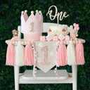 Daisy 1st Highchair Wood Bead Tassel Garland Crown Hat Wooden Cake Topper Birthday Decorations (Pink)