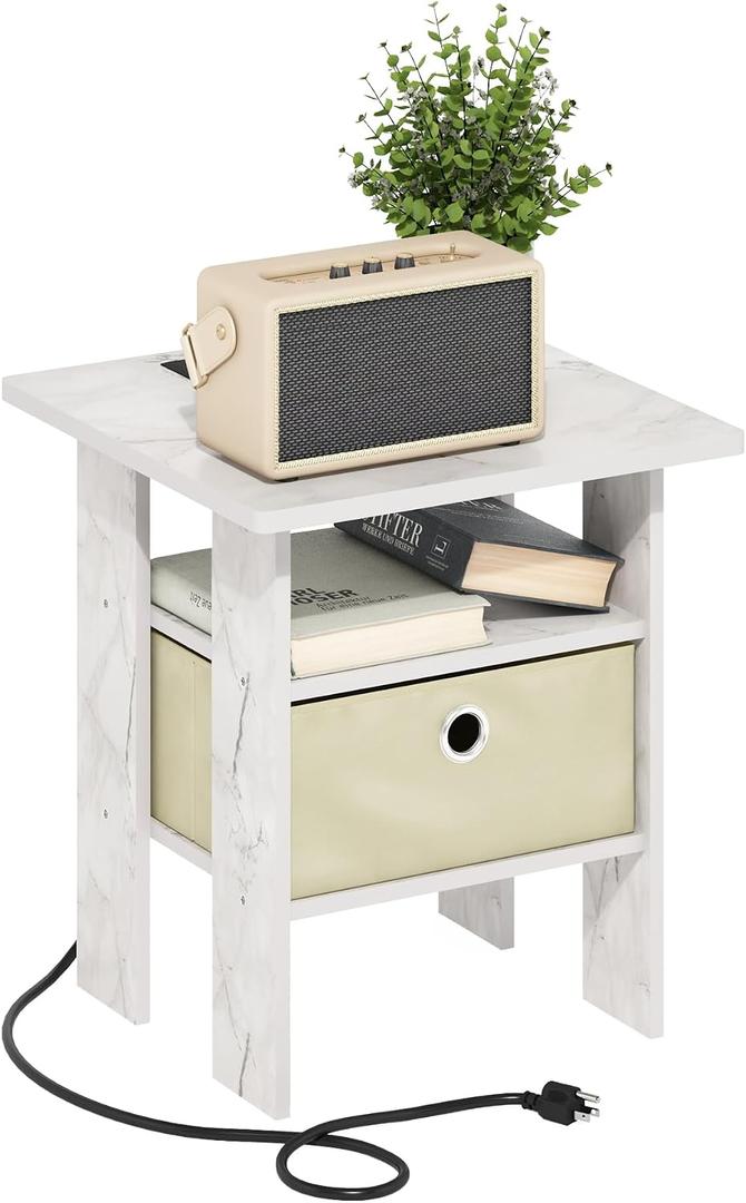 Furinno Andrey USB and Type-C Port Charging Station End Table with Storage Bin, 15.55 (W) x 12.56 (H) x 8.5 (D) inches, Marble White/Ivory | Storage Bin, Night Stand, Bedside Table with USB and Type-C Charging Port, for Living Room, Bedroom
