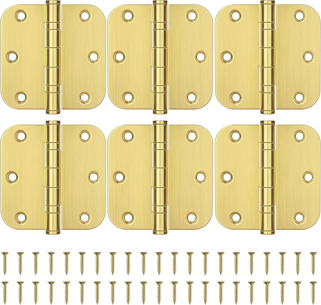 KOLET Ball Bearing Gold Door Hinges, 3.5 Inches Heavy Duty Stainless Steel Door Hinges, 5/8'' Radius Corner Hinges, Smooth and Quiet, Non Removable Pin, Satin Gold, 6 Pack