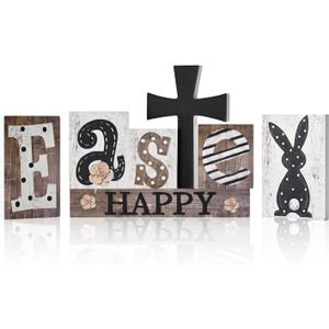 Smile 7Pcs Easter Decor Indoor Wooden Sign, Bunny Eggs Farmhouse Style Shelf Accents for Spring Holiday Home Decoration