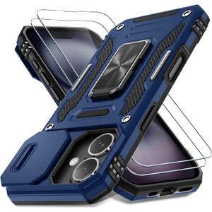 DEERLAMN Case for iPhone 16 with Slide Camera Cover+Screen Protector (2 Packs), Rotated Ring Kickstand Military Grade Shockproof Protective Cover-Navy Blue