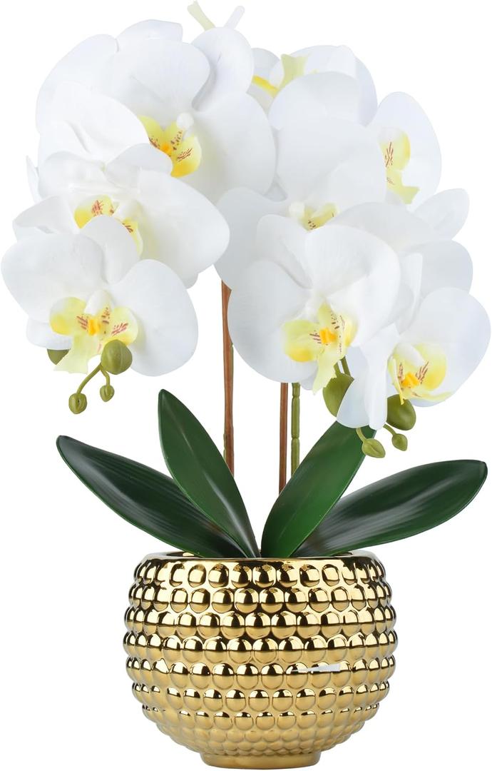 Large White Orchids Artificial Flowers with Gold Pot, 17"
