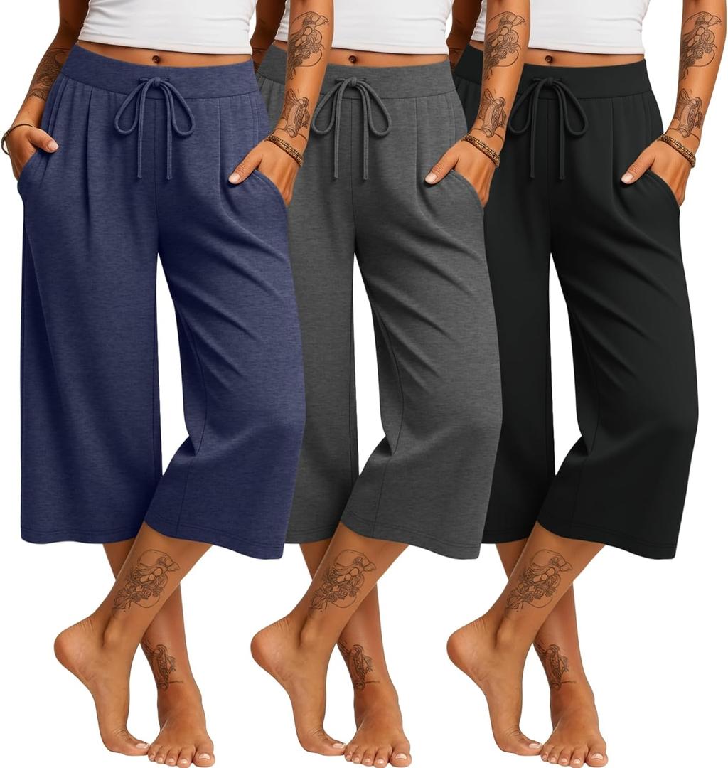Locoowai 3 Pack Women's Capri Pants Casual Wide Leg Yoga Pants High Waist Drawstring Cropped Lounge Sweatpants with Pockets (XX-Large, Dark Blue, Heather Gray, Black)