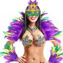 4 Pcs Mardi Gras Outfit for Women Carnival Real Feather Boa Wrap Costume Accessories Feather Cape Wrist Cuffs Mask