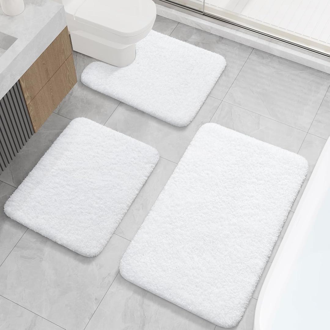 LOCHAS Bathroom Rugs Sets 3 Piece, Microfiber Bath Rug Set Non Slip Washable, Shaggy Toilet Rug Set Absorbent, Soft Cozy Bath Mat Set Quick Dry, White