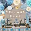 Dusty Blue Baby Shower Decorations- Boy Baby Shower Decor Set with- Welcome Baby Banner, Clothes Banner, Cake Topper, Tissue Pom Poms, Dusty Blue Balloons | Boho Baby Boy Shower Decorations