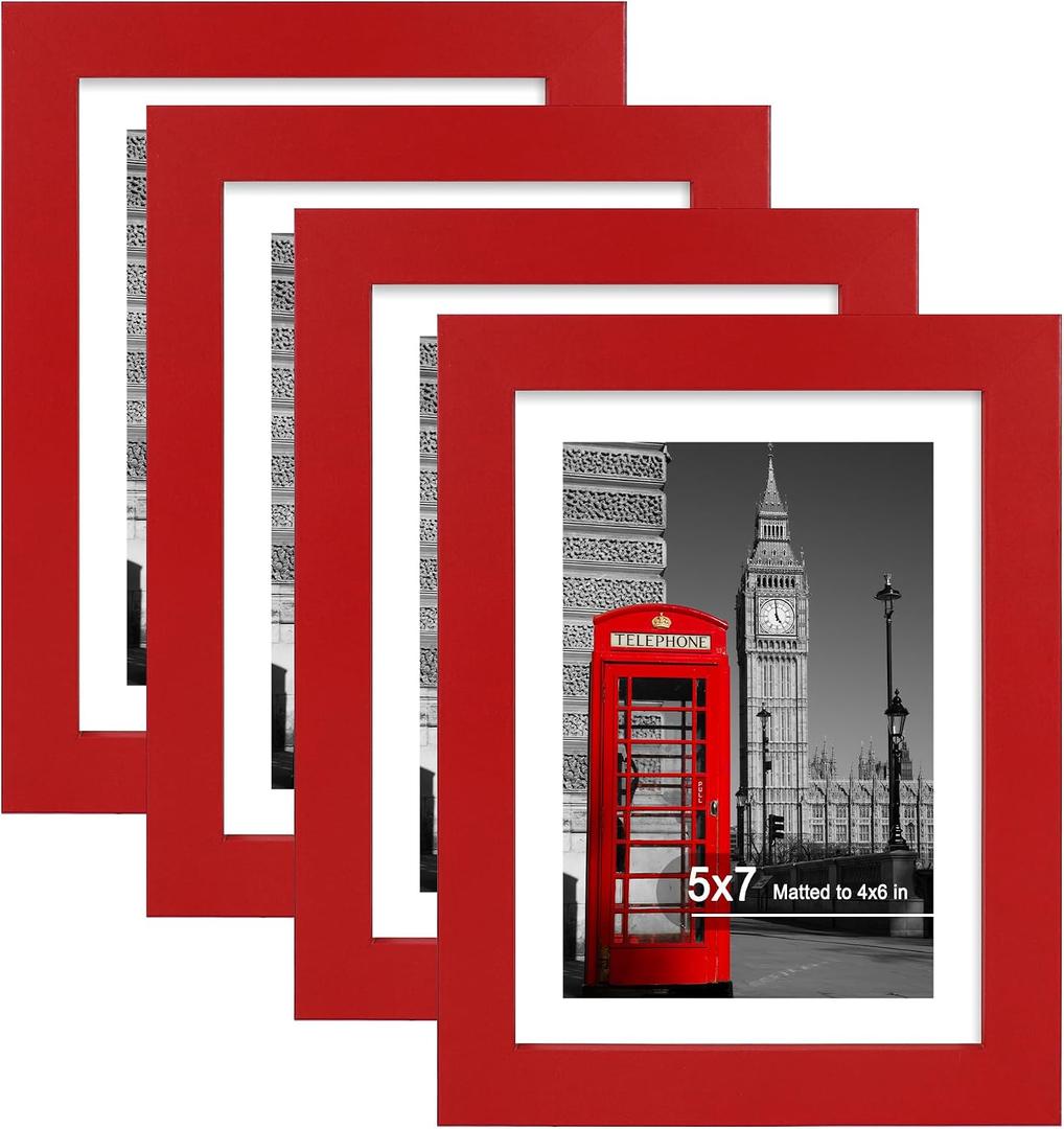 Hongkee 5x7 Picture Frame (4 Pack, Red) Made of Real Glass and Wooden Frame - Display Pictures 4x6 with Mat or 5x7 Without Mat, 5 by 7 Photo Frames TableTop Display and Wall Mounting
