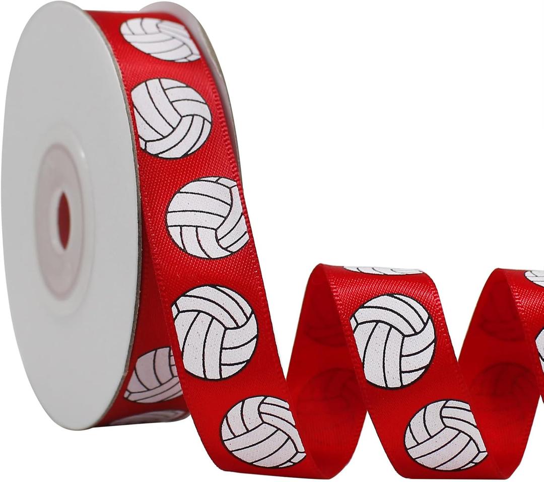 Satin Volleyball Ribbon, 5/8 Inch x 11 Yard, Red Volleyball Ribbon Use for Team Hair Bows, Wreath, Scrapbooks, Present Wrapping, Party Decoration, Crafts