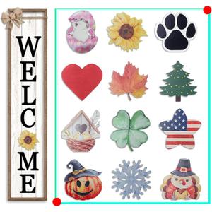 Front Porch Welcome Sign for Interchangeable Standing 45"X9" With 12 Pcs Replaceable Icons Wood Frame Signs Outdoor Front Door Decor (Wood White)