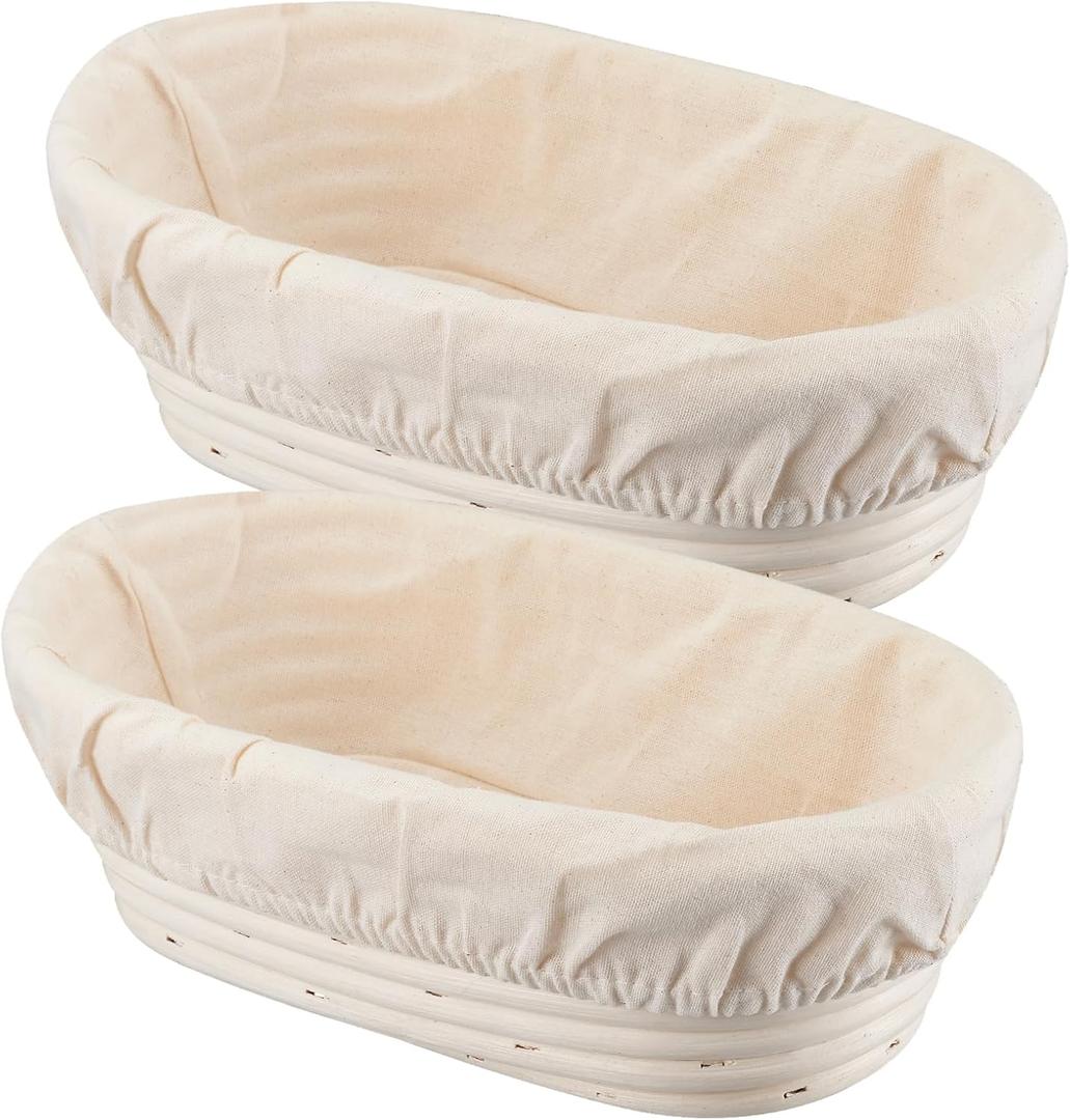 Banneton Bread Proofing Basket Banneton Basket Set Sourdough Proofing Basket Round Proofing Bowls Handmade Rattan Baskets and Liners (Oval 10 inch set of 2), Beige