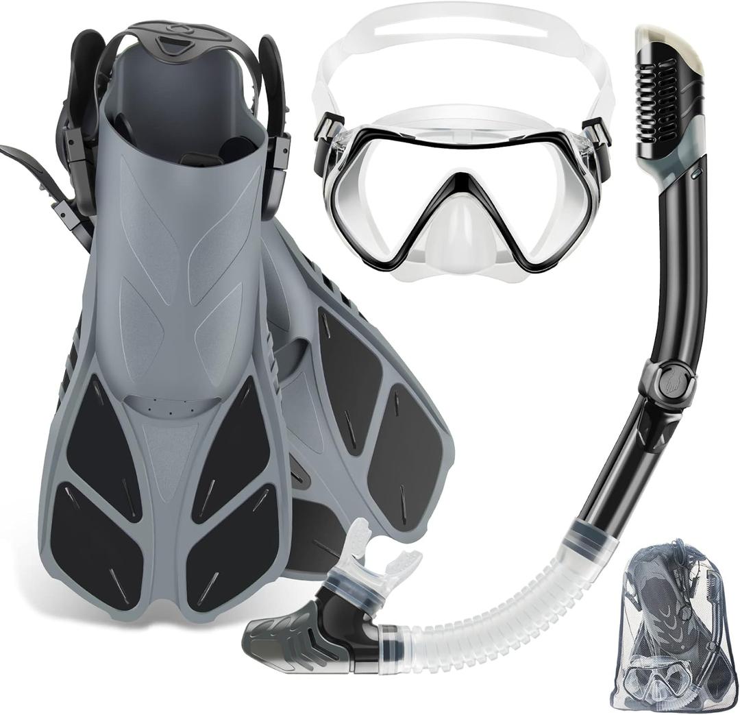 ZEEPORTE Mask Fin Snorkel Set, Travel Size Snorkeling Gear for Adults with Panoramic View Anti-Fog Mask, Trek Fins, Dry Top Snorkel and Gear Bag for Swimming Training, Snorkeling Kit Diving Packages (Small-Medium, Grey)