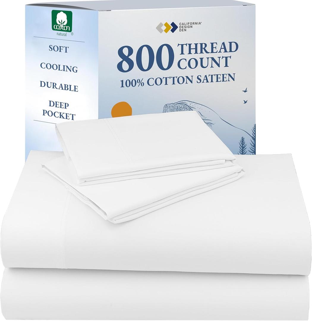 California Design Den Luxury 800 Thread Count King Size Sheets Set - 100% Cotton Sheets, Soft Sateen, Deep Pockets for a Snug Fit, Durable Bedding Set - White
