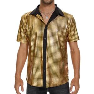 Zando Men's Sequin 70s 80s Disco Shirt - Retro Short Sleeve Button Up Costume Halloween New Year Party Outfit Top & Clubwear, M