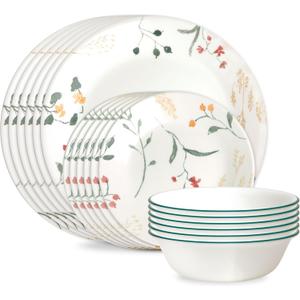 Corelle Vitrelle 18 Piece Glass Dinnerware Sets Service for 6, Triple Layer Chip & Crack Resistant Glass Plate and Bowl Sets, Wildflower