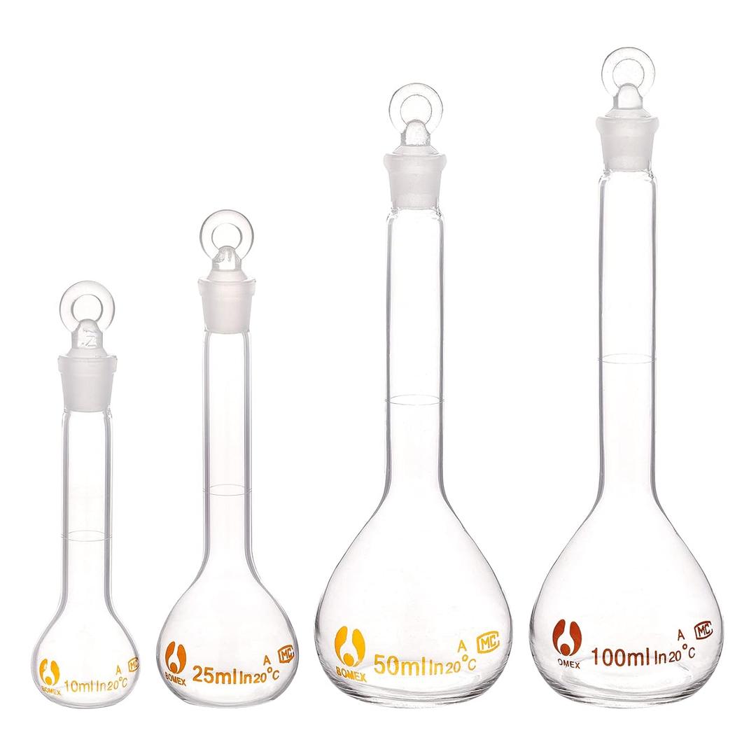 OLYCRAFT 4pcs Volumetric Flask 10ml/25ml/50ml/100ml Volumetric Flask Set with Glass Cap Durability & Chemical Resistance Glass Bottle for Laboratory Project